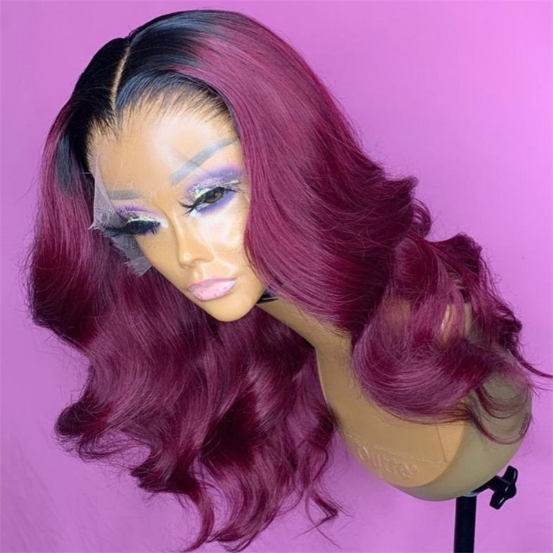 Peruvian Hair Burgundy Color With Dark Root Lace Front Wig