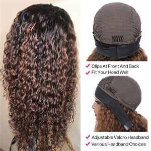 Curly Ombre Headband Wigs Human Hair Wig for Black Women P4/27 Black with Auburn Highlights Water Wave Wigs None Lace Front Attached Machine Made Wigs - Image 4