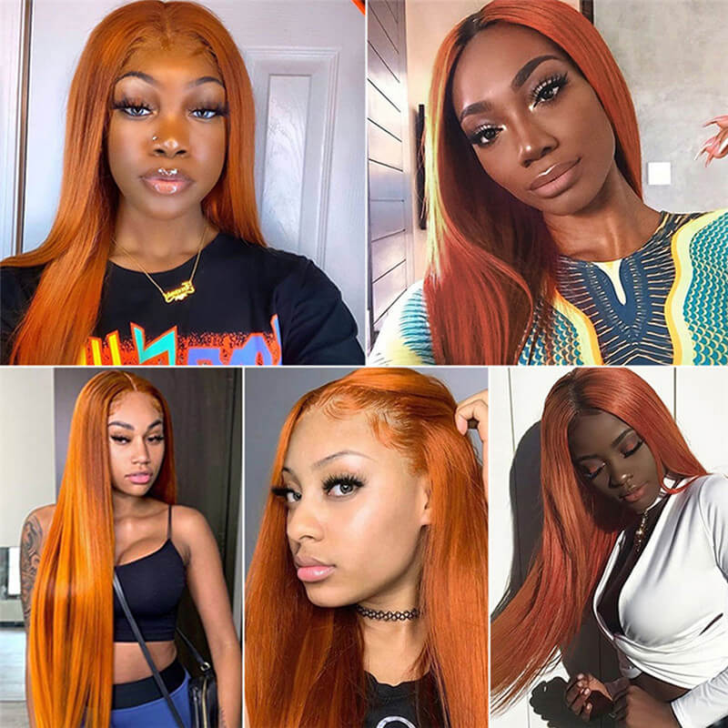Straight Transparent Lace Wigs 150% Density Orange Ombre Human Hair Wigs For Women Brazilian Remy Hair Orange Lace Front Wig - Image 3