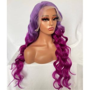 Ombre Purple and Purple Red Glueless Colored Human Hair Wigs For Women Brazilian Body Wave Lace Front Wig Bleached Knots 150% Density - Image 5