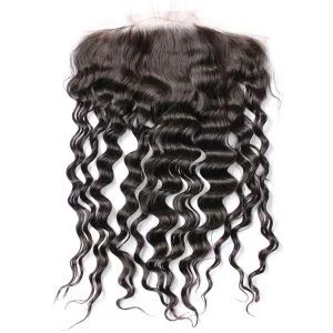 Alternative view of Brazilian Remy Hair Loose Deep Wave Natural Color Closure Swiss Lace 13x6 Pre Plucked Hair Line Lace Frontal