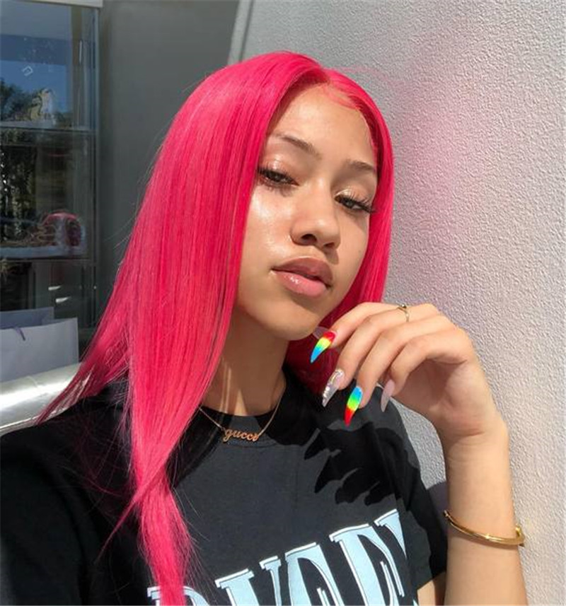 Peruvian Hair Lace Front Styled Wig Pink Color Straight Style