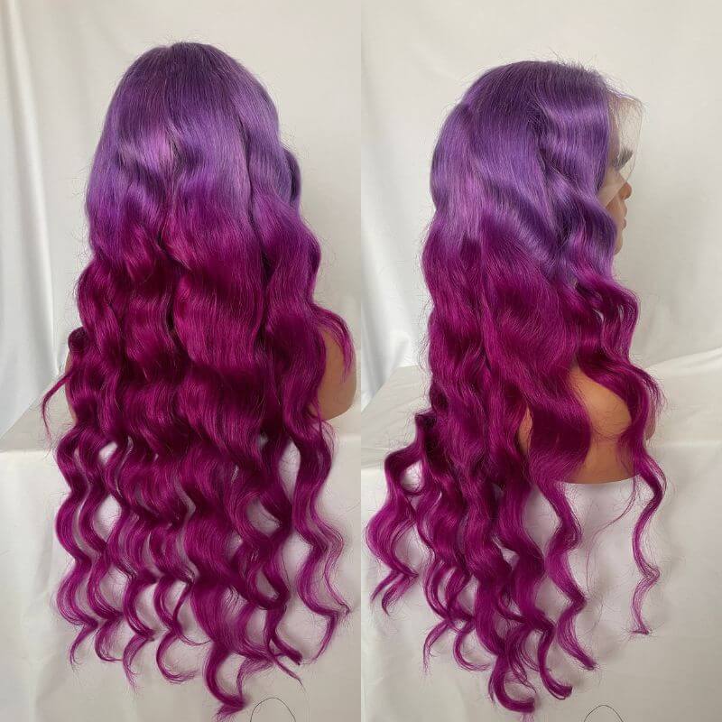 Ombre Purple and Purple Red Glueless Colored Human Hair Wigs For Women Brazilian Body Wave Lace Front Wig Bleached Knots 150% Density - Image 7