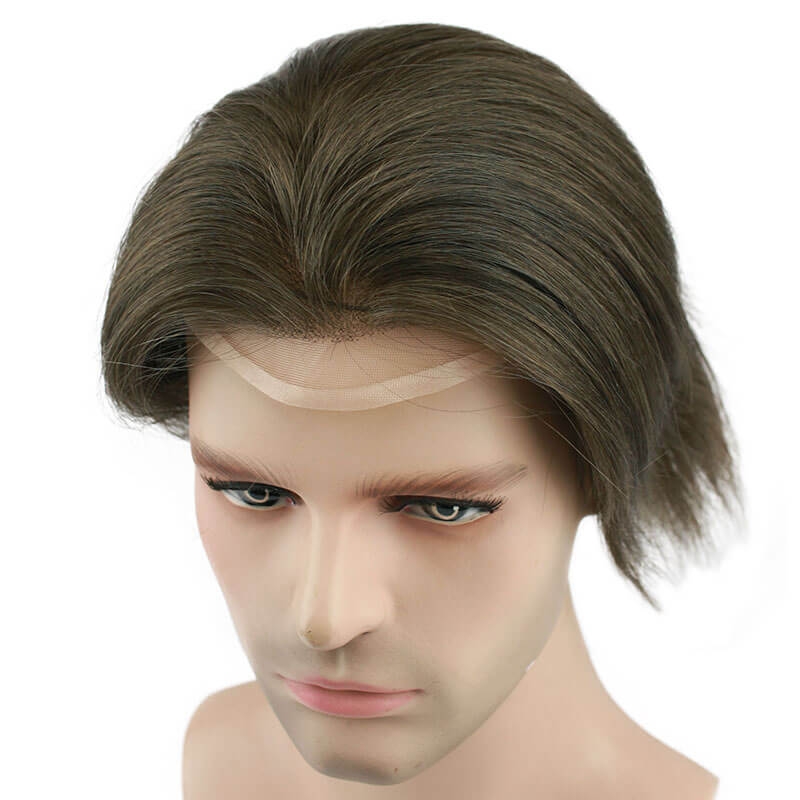 Color #6 French Lace Men Toupee For Men Mono Hair System Bleached and tiny Knots Hair Replacement - Image 4