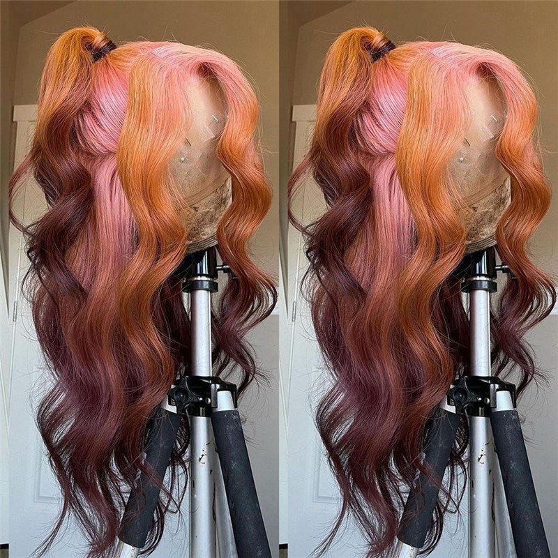 Pink and Brown Ombre Lace Front Wig Body Wave Pre Plucked Brazilian Remy Brown Human Hair Wig Highlight Colored Wigs Transparent Wig - Image 4
