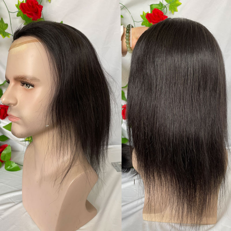 Long Human Hair Toupee for Men 12inch 10x8 Hairpieces Human Hair Mens Toupee Mono Net with PU around Natural Black Color Men Wigs - Image 16