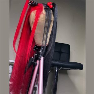 13x4 Straight Half Red half Black Lace Front Wig Brazilian 42inch Blonde Colored Human Hair Wigs Transparent Lace Frontal Wigs - Image 3