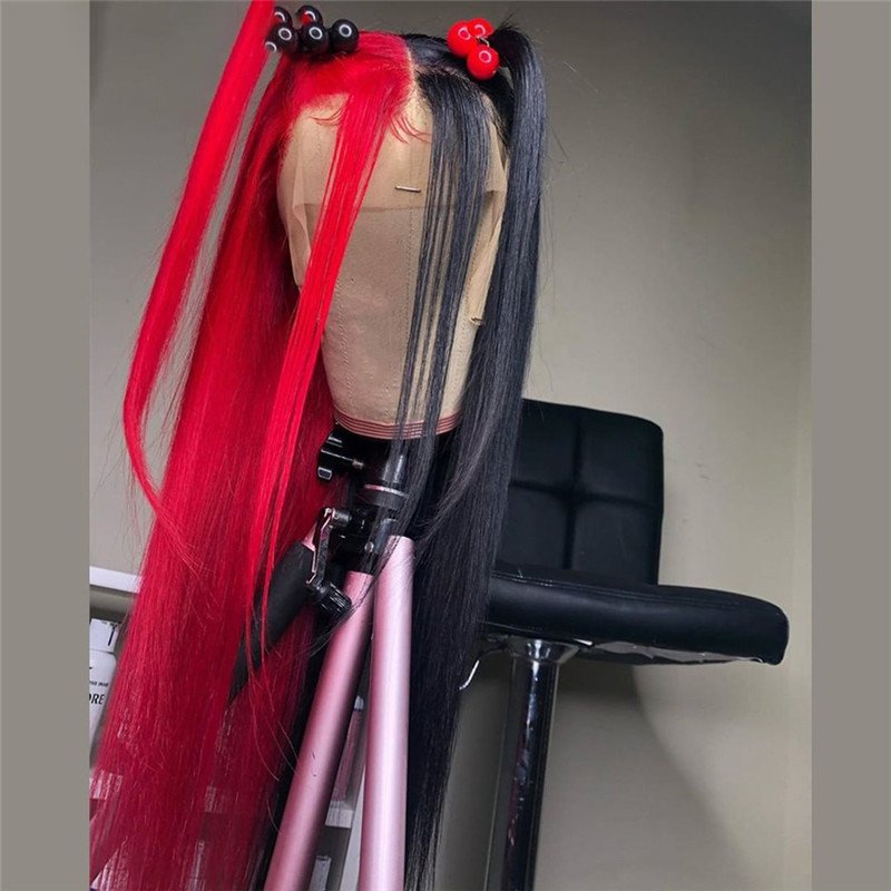 13x4 Straight Half Red half Black Lace Front Wig Brazilian 42inch Blonde Colored Human Hair Wigs Transparent Lace Frontal Wigs - Image 3