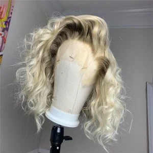 13x4 Wavy Bob Lace Front Wigs For Women Transparent Brazilian Remy #2/#60 Ash Blonde Bob Wig Brown Short Bob Human Hair Wigs