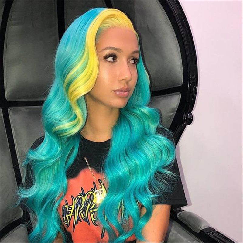 Peruvian Hair Lace Front Wig Lake Blue Color Yellow Highlight - Image 2