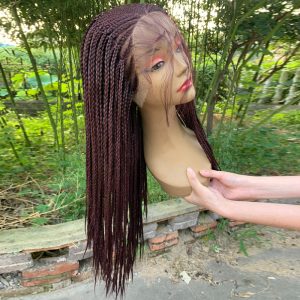 Pure Handmade Box Braided Synthetic Hair Micro Braids Wig For Sale Lace Front Wigs With Baby Hair For Women Burgundy Color - Image 3