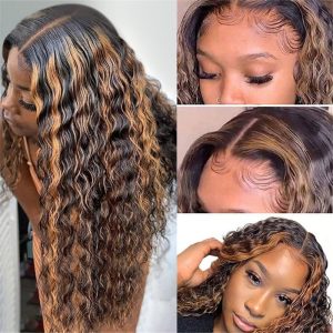 1B/30 Highlight Wave Curly Hd Lace Front Human Hair Wet And Wavy Wigs Pre Plucked T Part Lace Front Human Hair Wigs for Black Women Brazilian Remy Hair Ombre Chocolate Brown Water Wave Frontal Wig - Image 4