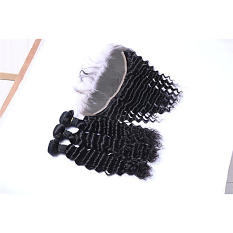 3Bundles 300g Brazilian Remy Human Hair Deep Wave Human Hair Wefts with Free Part 13x4 Lace Frontal Closures - Image 3