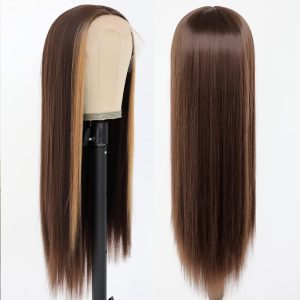 Light and Dark brown /Chocolate Color Skunk Stripe Wigs Straight Lace Wig Lace Front Human Hair Wigs Brazilian Remy Hair Ombre Highlight Wigs For Women 8-28 inch 150% Density - Image 2