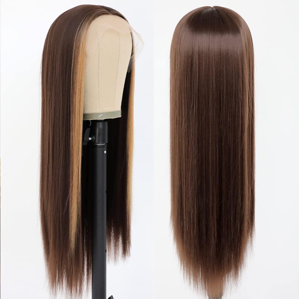 Light and Dark brown /Chocolate Color Skunk Stripe Wigs Straight Lace Wig Lace Front Human Hair Wigs Brazilian Remy Hair Ombre Highlight Wigs For Women 8-28 inch 150% Density - Image 2