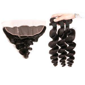 Alternative view of Brazilian Loose Wave Frontal with 3 Bundles Unprocessed Remy Hair Extensions Ear to Ear 13x4 Lace Closure Frontal