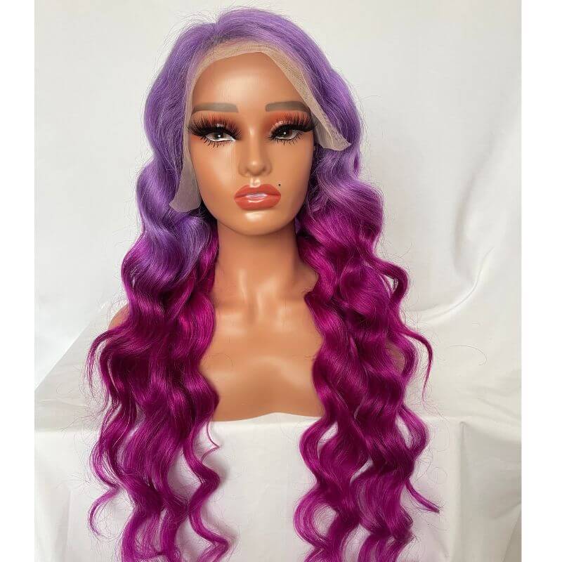Ombre Purple and Purple Red Glueless Colored Human Hair Wigs For Women Brazilian Body Wave Lace Front Wig Bleached Knots 150% Density - Image 2