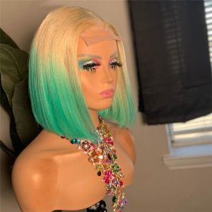 Bob Green Ombre Colored Human Hair Wigs For Women Straight Lace Front Wig Preplucked Brazilian Remy Green Bob Wig 150%