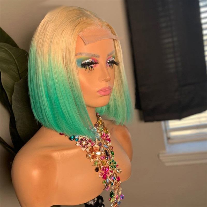 Bob Green Ombre Colored Human Hair Wigs For Women Straight Lace Front Wig Preplucked Brazilian Remy Green Bob Wig 150%
