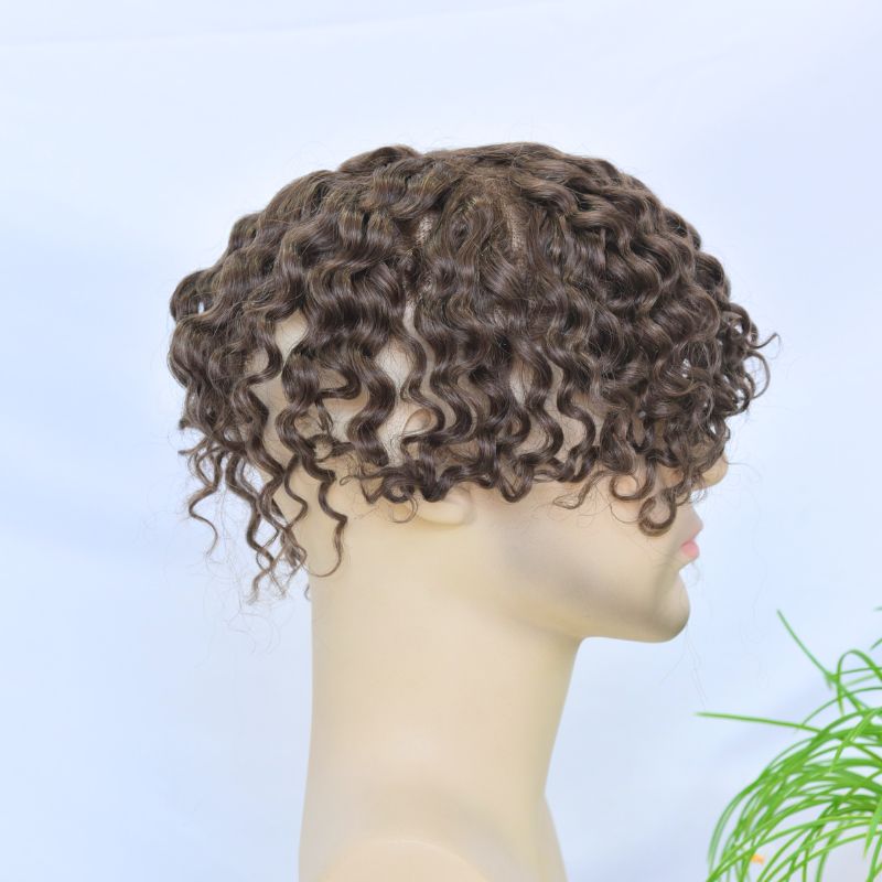 Pwigs Swiss Full Lace Men's Toupee 4 Brown Color 100% European Human Hair System 8 x10 Inch Lace Mens Wigs Loose Curly Hair System - Image 4