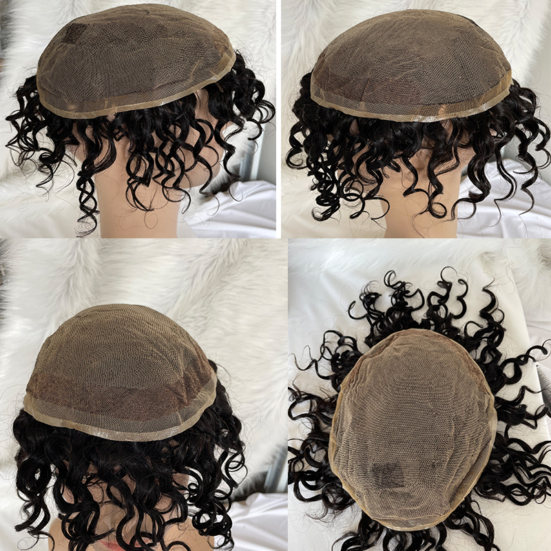 Pwigs Full French Lace Mens Toupee Loose Wave European Human Hair Replacement Systems for Men Hairpiece 10x8inch #1B Black Color - Image 5