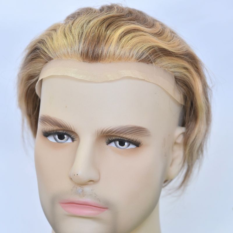 Pwigs Full French Lace Men's Toupee 4 mix 27 mix 613 Color 100% European Human Hair Toupee For Men 8 x10 Inch Lace Mens Wigs Hair System