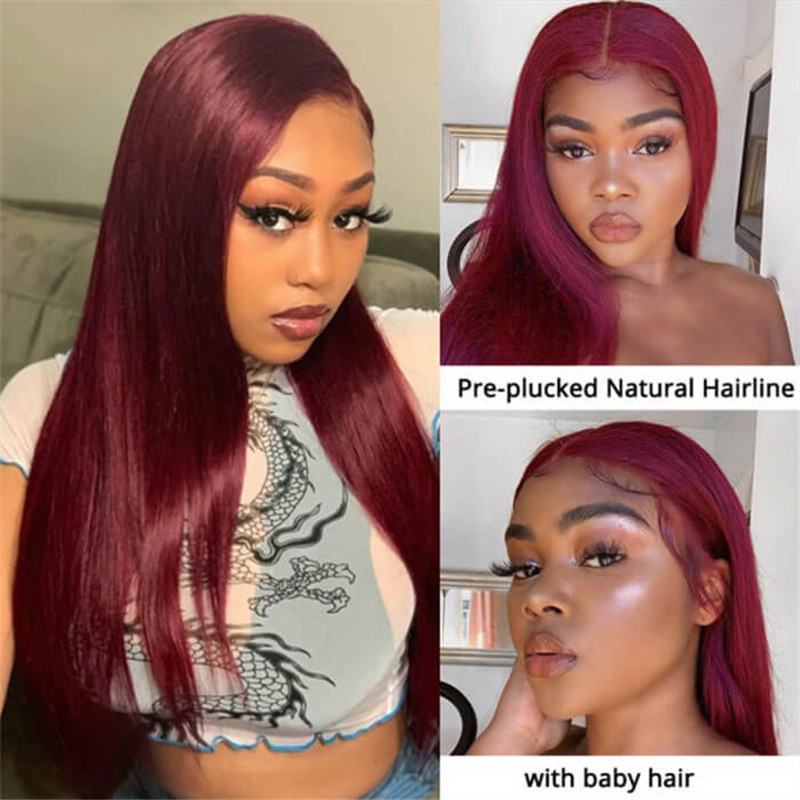 99J Straight/Body Wave 13X4 Burgundy Hd Lace Front Pre Plucked Colored Human Hair Wigs For Women - Image 4