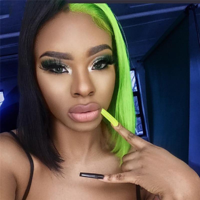 Bob Black Green Half and Half Lace Front Wig Brazilian Remy Straight Bob Colored Human Hair Wigs For Women Green Human Hair Wig - Image 2