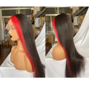 Skunk Stripe Peruvian Hair Lace Front Black Color Red Streak Highlight Wigs Human Hair Lace Front Wigs - Image 5