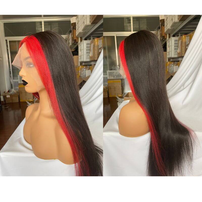 Skunk Stripe Peruvian Hair Lace Front Black Color Red Streak Highlight Wigs Human Hair Lace Front Wigs - Image 5