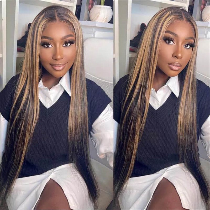 Highlight 1B/27 Straight Lace Front Wigs 150% 180% Density Human Hair For Women - Image 2