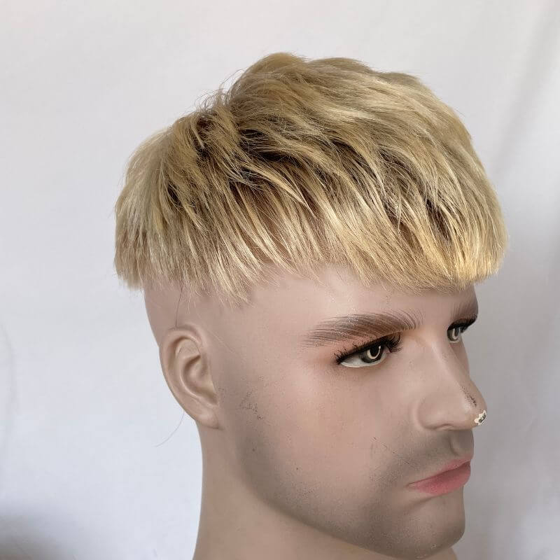 Ombre T60 Platinum Blonde and Black 6-7 Inch 100% Human Hair Men's Toupee Super Thin Mono Lace with PU Around Ombre Blonde 60 Color10" x 8" Toupee - Image 9