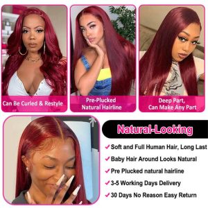13X6 Hd Lace Front Wig Human Hair Wigs 99J Red Burgundy Pre-Plucked Remy Human Hair Deep Part Wigs - Image 8