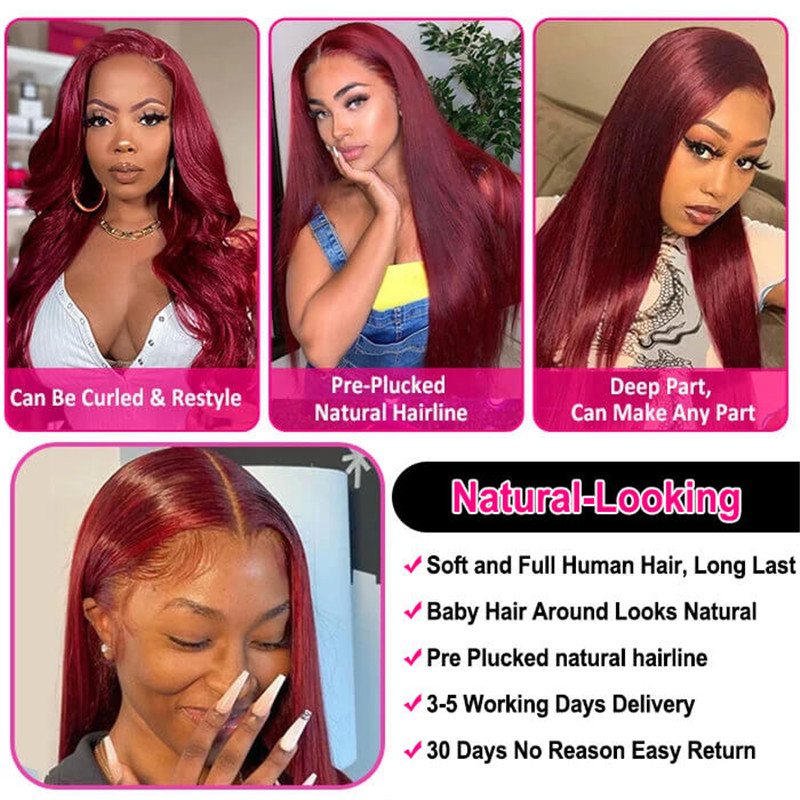 13X6 Hd Lace Front Wig Human Hair Wigs 99J Red Burgundy Pre-Plucked Remy Human Hair Deep Part Wigs - Image 8
