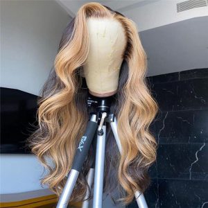 150%  Density Wavy Wig Lace Front Human Hair Wigs Brazilian Remy Hair #27 Honey Blonde Highlight  Wigs For Women 8-26inch