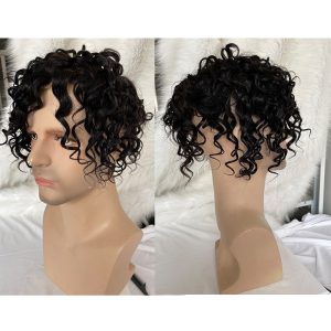 Pwigs Full French Lace Mens Toupee Loose Wave European Human Hair Replacement Systems for Men Hairpiece 10x8inch #1B Black Color - Image 3