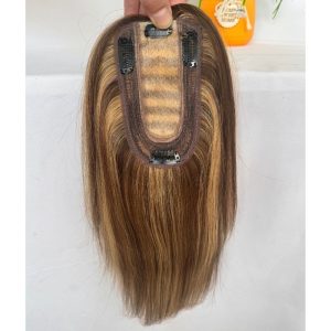 Ombre Medium Brown Mixed Dark Blonde 7x13cm Silk Base Human Hair Topper With Clips In Silk Top 100% European Human Hair Toupee for Women Hairpiece - Image 3
