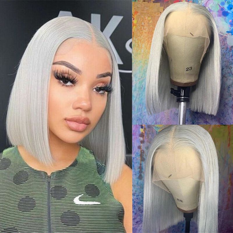 Bob Lace Wigs Grey Colored Human Hair Lace Front Wig 150% Density Bob Lace Wig Straight