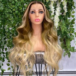 Peruvian Hair Olive Green Ombre Color Black Root Lace Front Wig - Image 2