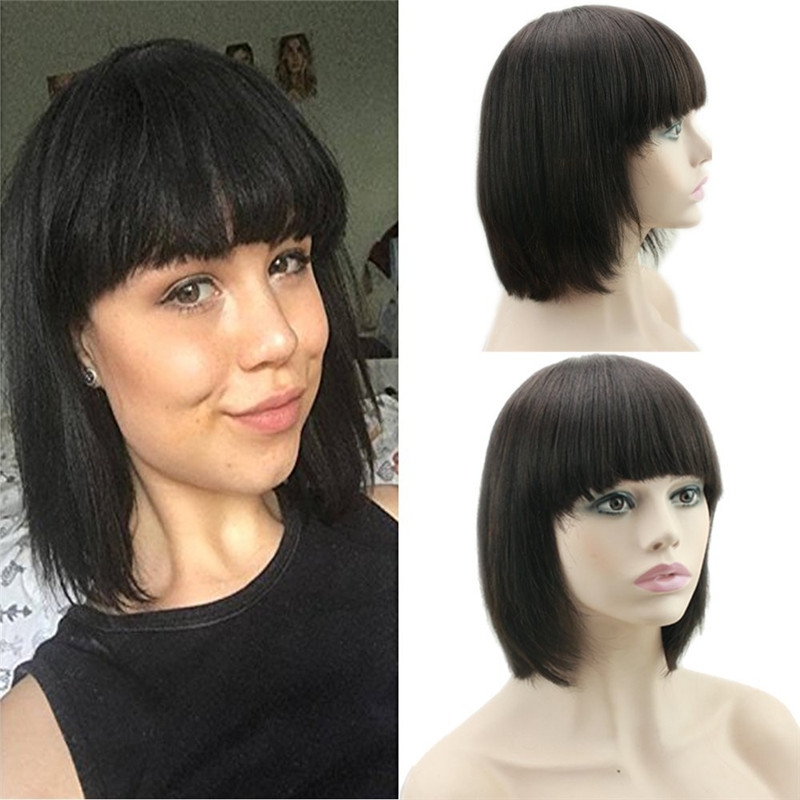 Human Hair Wigs With Bangs Short Bob Silk Straight Brazilian Human Hair Short Bob with Flat Bangs Machine Made Lace Wig for Women