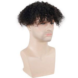 Alternative view of Toupee for Man 100% Human Hair Replacement Systems Men Hairpiece Mono Lace with PU Around Curly Wig 9x7inch 1B Color