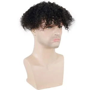 Alternative view of Toupee for Man 100% Human Hair Replacement Systems Men Hairpiece Mono Lace with PU Around Curly Wig 9x7inch 1B Color