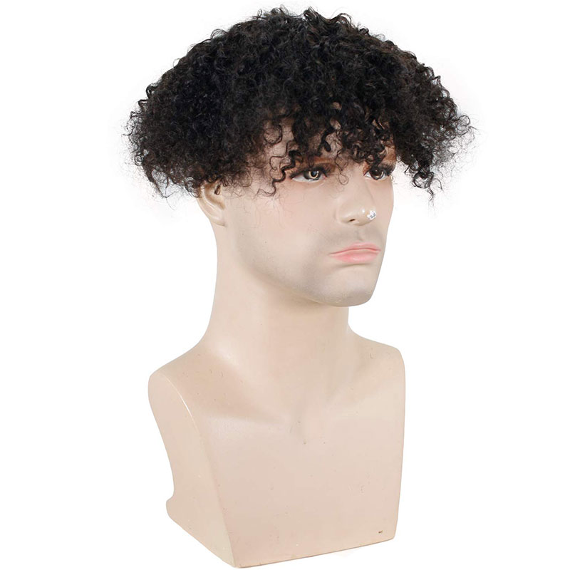 Toupee for Man 100% Human Hair Replacement Systems Men Hairpiece Mono Lace with PU Around Curly Wig 9x7inch 1B Color - Image 2