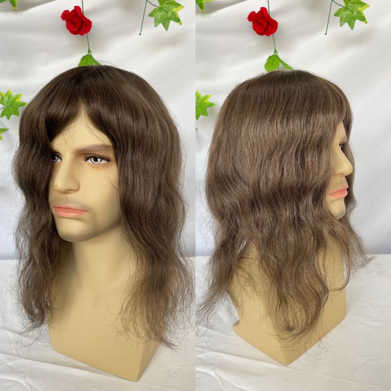 Men's Toupee #4 Brown Color Toupee for Men Cambodian Human Hair System Super Thin Skin Base Full PU Hairpieces 8x10 Inch V-Loop Hair Replacement