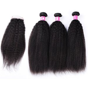 Malaysian Hair With Free Part Kinky Straight Lace Closure With Bundles Unprocessed Soft Human Hair Weave Extension