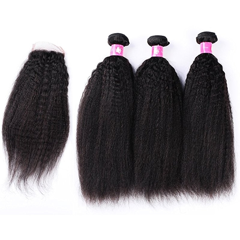 Malaysian Hair With Free Part Kinky Straight Lace Closure With Bundles Unprocessed Soft Human Hair Weave Extension