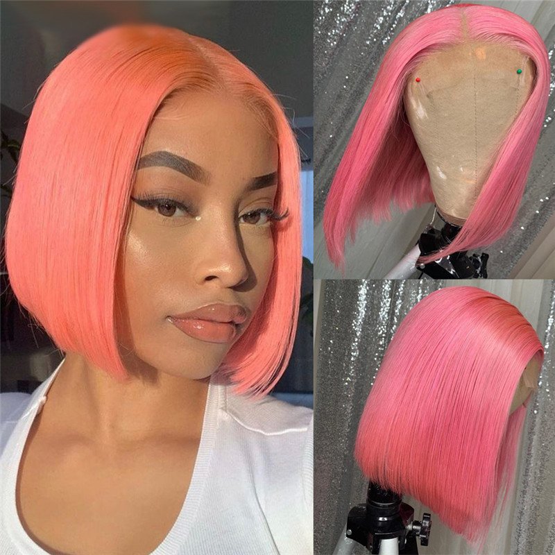 Leather Pink Bob Colored Human Hair Wigs Transparent Peruvian Remy Short Bob Lace Front Wigs Preplucked Closure Wig 150%