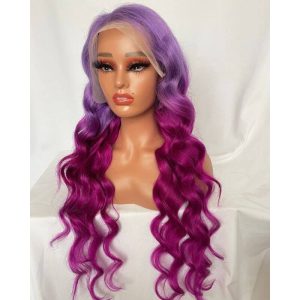 Ombre Purple and Purple Red Glueless Colored Human Hair Wigs For Women Brazilian Body Wave Lace Front Wig Bleached Knots 150% Density - Image 4