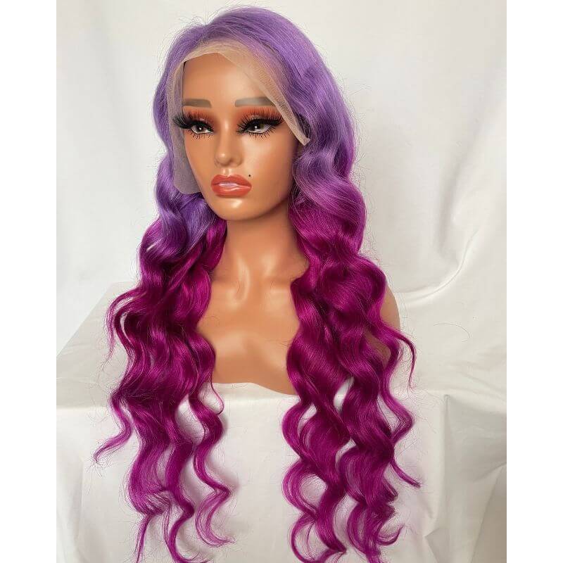 Ombre Purple and Purple Red Glueless Colored Human Hair Wigs For Women Brazilian Body Wave Lace Front Wig Bleached Knots 150% Density - Image 4