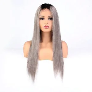 Ombre 1BT/Grey Brazilian Straight Human Hair Full Lace Wigs Cap 130% Density - Image 2